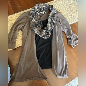 Studio Works Taupe Open-Front Cardigan with Patterned Infinity Scarf